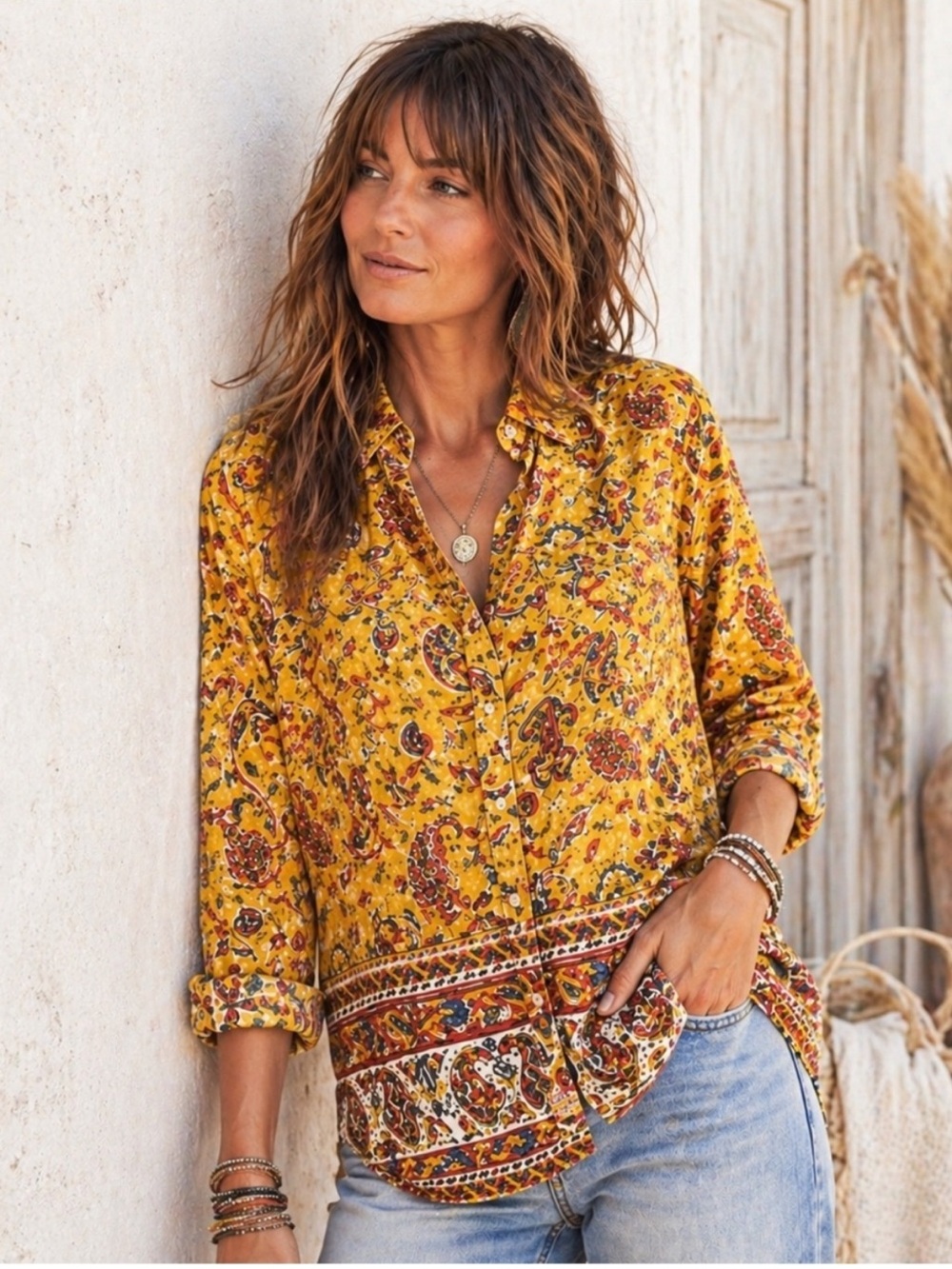 Sundance Yellow Paisley Boho Cotton Blouse Button Front Artisan Top Small Petite